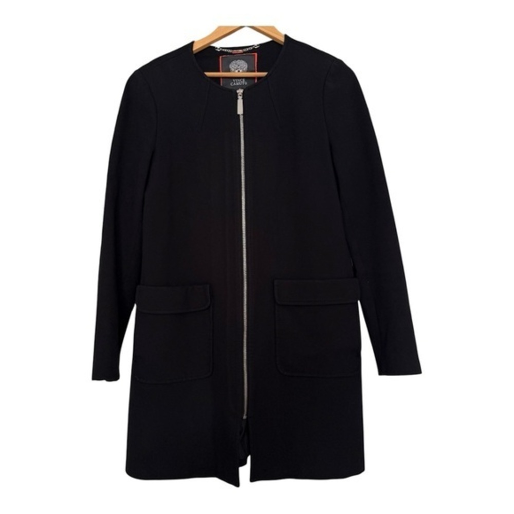 Vince Camuto Women Collarless Zip Front Coat Black Sleek Midi Small P/S